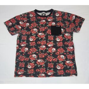 WXYZ T-Shirt Mens Medium. y2k Skulls‎ & Roses Black Short Sleeve Front Pocket.